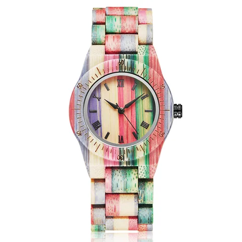 Faixa de Relógio Relógios de Pulso de Quartzo para Mulheres do Sexo Feminino de Bambu de Madeira de Madeira Relógio de Pulso Colorido Elegante Algarismos Romanos Dial Pulseira Relógios