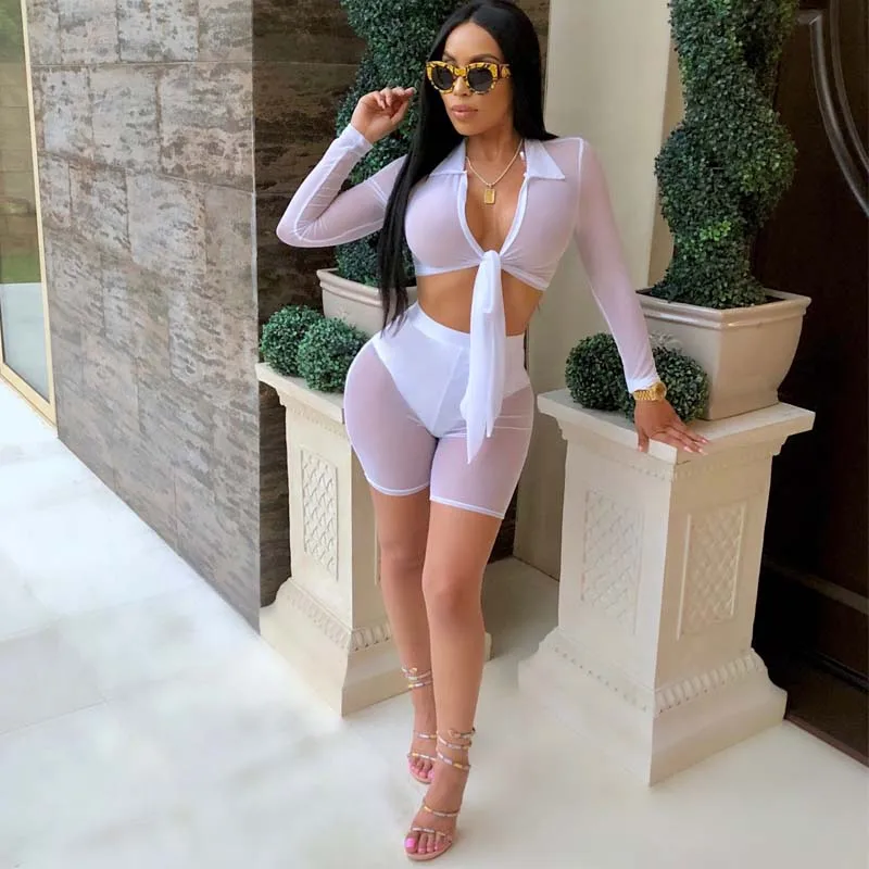 

Summer New style Mesh Two piece Set See-through Long Sleeve Sexy Crop Top And Tight Shorts Set Women Clubwear 2 Piece Set 2018