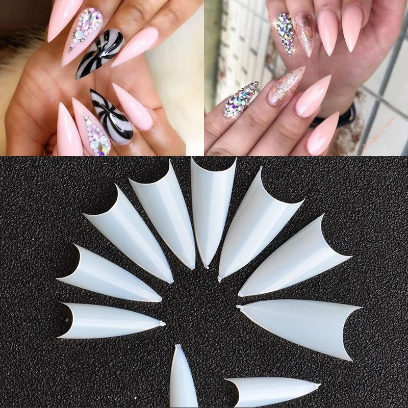 

500Pcs/Bag Stiletto Nail Tips Sharp Nail Art False Nail Tip White/Clear/Natural French Acrylic UV Gel Nails For Decoration NT031