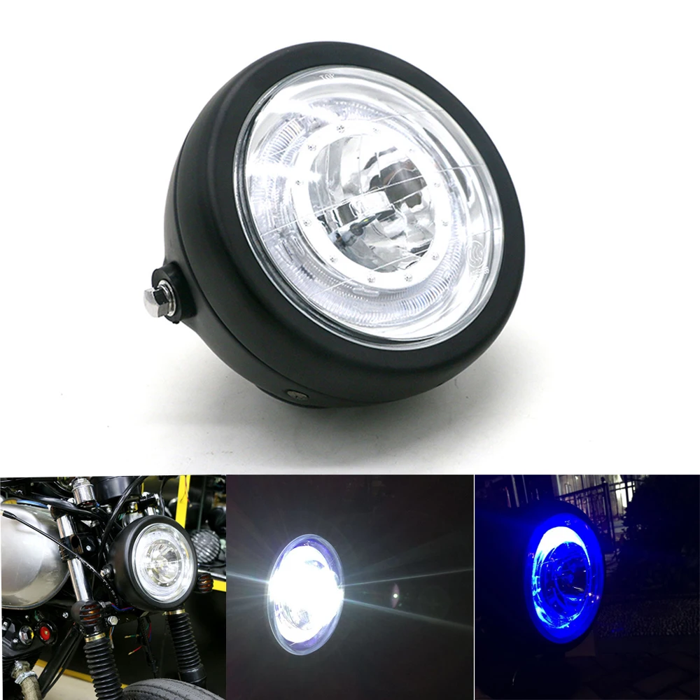 

Motorcycle Universal Retro Metal Grid Headlight LED Angel Eyes HeadLamp CG125 GN125 For Harley Cafe Racer Chopper Bobber Custom