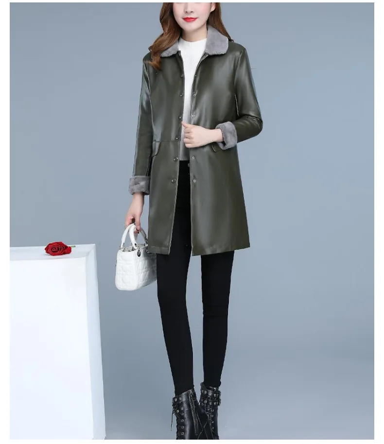 Кожаная женская куртка размера XL 5XL размера плюс, новинка, Осень-зима, корейская мода, Длинные вельветовые свободные тонкие пальто из искусственной кожи LR248