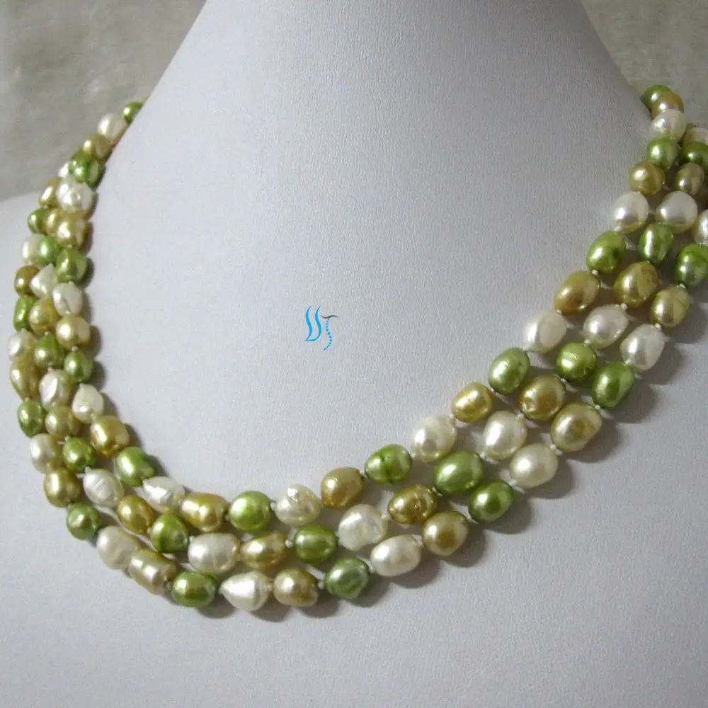 50&quot 6-8mm White Champagne Green Baroque Freshwater Pearl Necklace Long sweater chain |