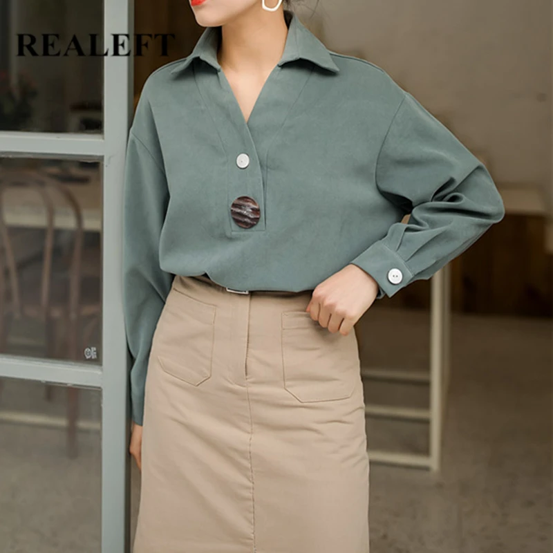 

REALEFT Autumn Women Casual Green Button Patchwork Blouse Long Sleeve Turn-down Collar Elegant Loose Office Shirts Tops Female