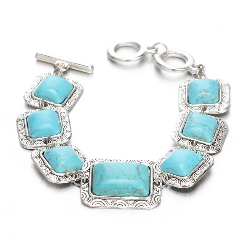 Vintage Silver Pendants Bracelet Bangles Women Jewelry Water Drop Squar Round Pattern Beads Turquoise Bracelet Fashion 4 style