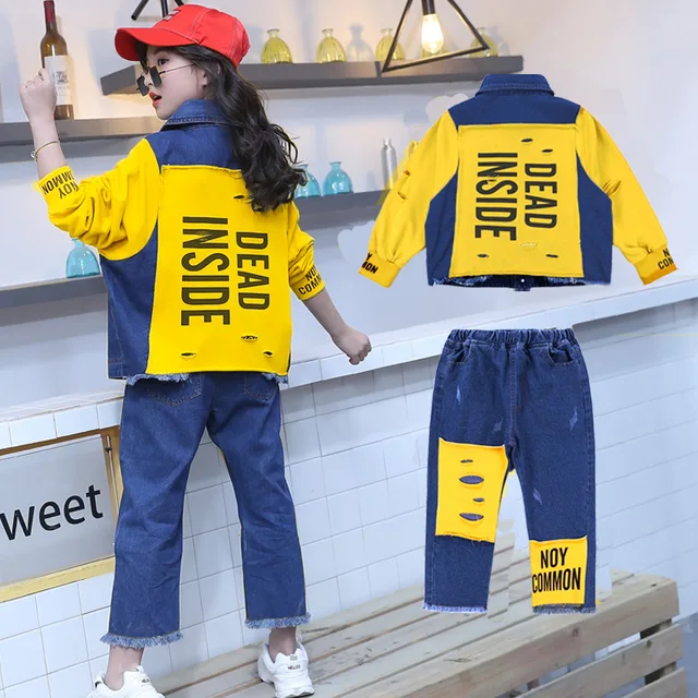 Girls 'spring and autumn streetwear jeans set 2019 new fashion children ...