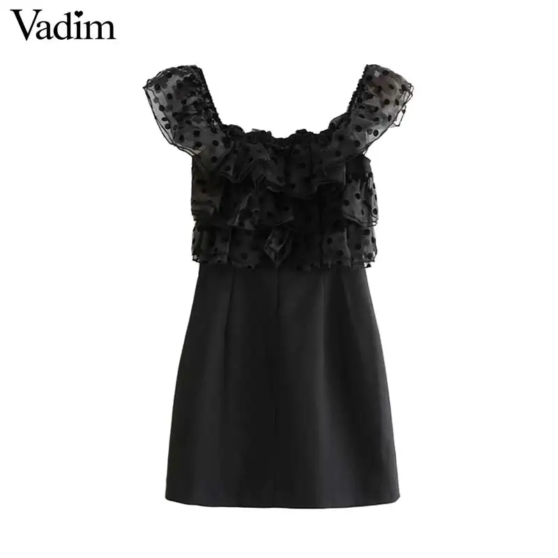 

Vadim women elegant polka dots black mini dress sleeveless ruffles patchwork female stylish summer solid chic dresses QC476