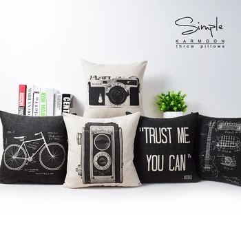 

Retro Camera Bicycle Home Decor cushion Linen cotton pillow Hand Drawing Guitar sofa cushions decorative Throw Pillow
