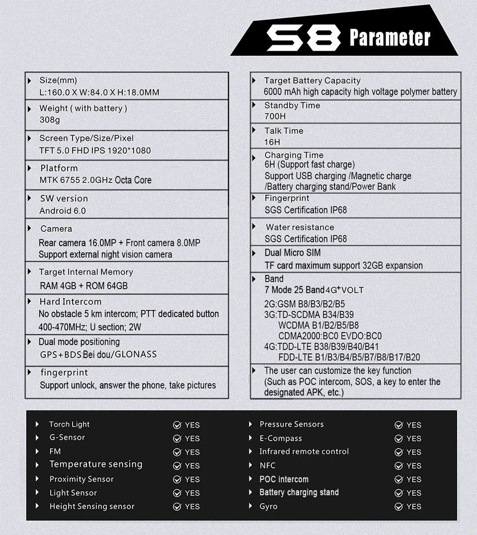 Шам S8 смартфон IP68 Водонепроницаемый противоударный 4 ГБ Оперативная память 64 ГБ Встроенная память mtk6755 Octa core Android 6.0 6000 мАч батареи мобильный