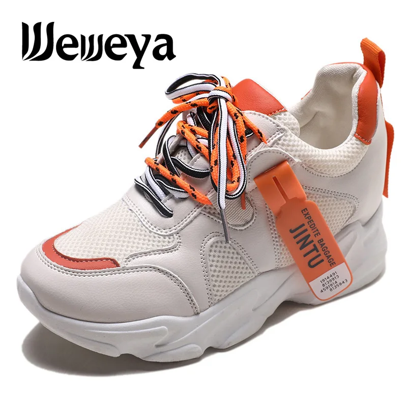 

INS Women Sneakers 2019 New PU+Mesh Running Shoes Double Shoelace Height Increasing Sports Shoes Yellow Orange Female Trainers