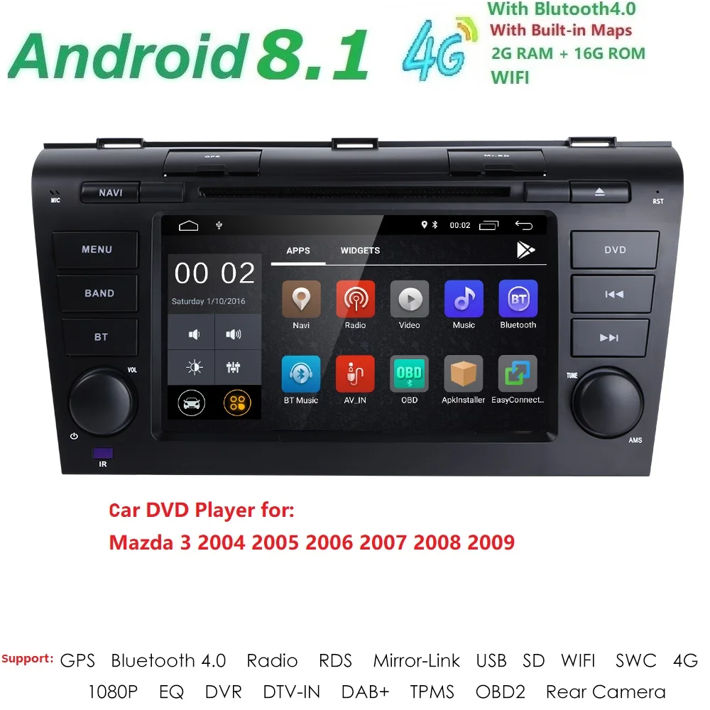 

2DIN 1024*600 QuadCore Android8.1 Fit MAZDA3 2004-2009 Car Monitor DVD Player Navigation GPS Radio canbus Steering wheel DVR Map