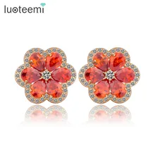 LUOTEEMI Wholesale Outstanding New Fashion Garnet Cubic Zircon Prong Setting Cheap Flower Shaped Earrings Woman