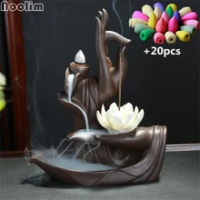 Будда Ручной монах лотоса обратного потока благовония горелки творческий домашний декор дзен буддистская подставка для ароматических палочек+ 20 шт благовоний конусов
