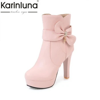 

KARINLUNA Large Size 32-45 Platform Sweet Bow Women Shoes Fashion High Heels Pink Black White Ankle Boots Winter Footwear Lady