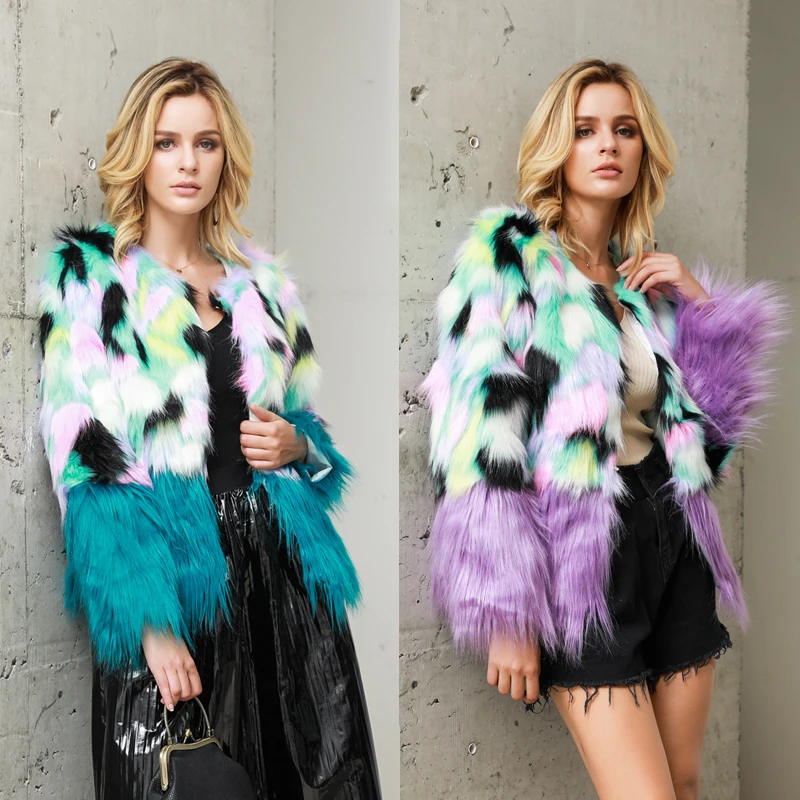 

Furry Fur Coat Women Fluffy Warm Long Sleeve Gradient Color Outerwear Autumn Winter Coat Jacket Hairy Collarless Overcoat