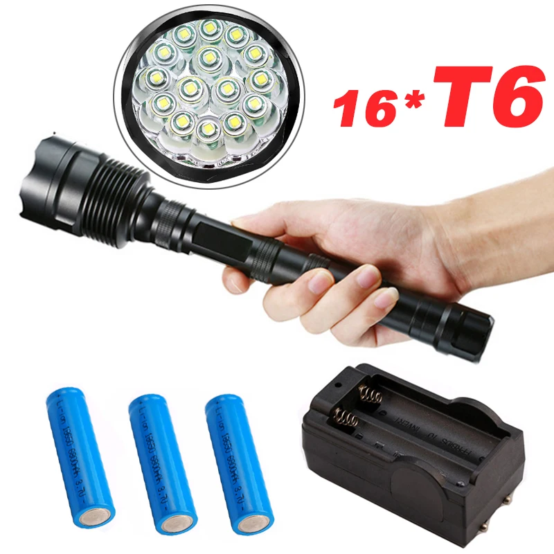 

80000Lumens 16*T6 Tactical Powerful LED Flashlight Lighting Torch Lantern Flash Light Lamp + 3*18650 Battery + Charger