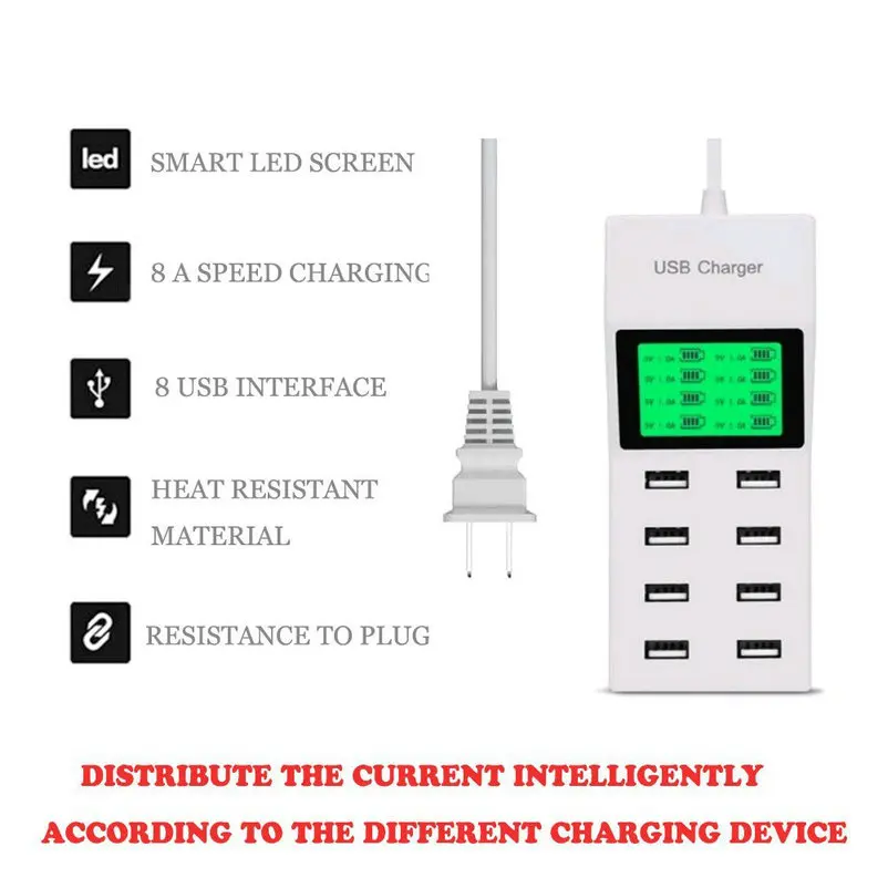 Universal 8 USB Ports Led Display US EU UK Plug Travel AC Power Strip Adapter Socket Smart Charger For Cell Phone Tablet Camera