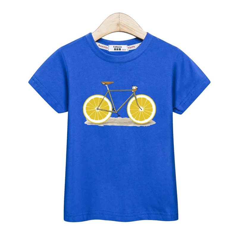 Модные топы для детей; футболка для маленьких мальчиков в стиле ретро с рисунком; футболки с короткими рукавами; Одежда для девочек с изображением фруктов и велосипеда; Детская рубашка с принтом; детская футболка - Цвет: Blue1