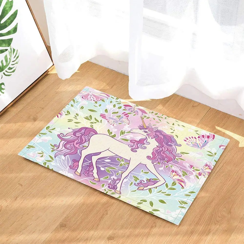 

Fairy Tale Decor Girl Unicorn in Butterfly RainBow for Child Bath Rugs Non-Slip Doormat Floor Entryways Door Mat Kids Bath Mat