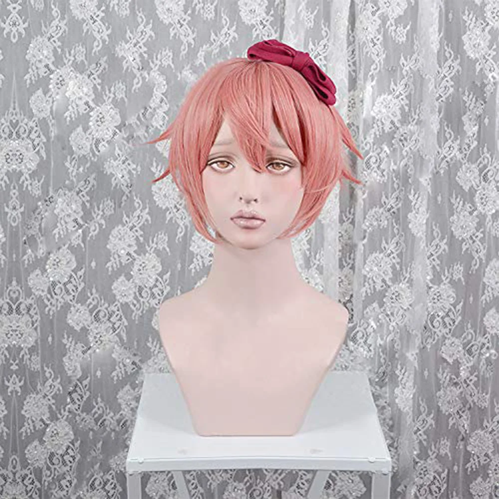 Doki Doki Literature Club Sayori Short Peach Pink Cos Wig Heat Resistant Hair Cosplay Costume Wigs+ Bow Hairpin