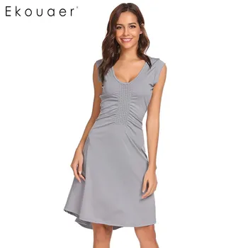 

Ekouaer Women Nightgown Nightwear Summer Elastic Ruched U-Neck Sleeveless Solid Nightdress Sleepwear Sexy Female Home Clothing