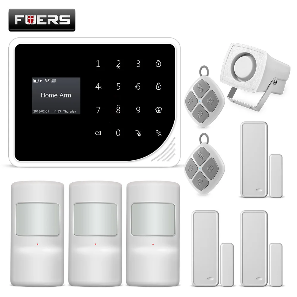 FUERS 2,4G Wi-Fi GSM сигнализация системы охранной сигнализации дома 850/900/1800/1900 МГц с Экран Дисплей клавиатура приложения Управление SMS будильник - Цвет: KIT 4