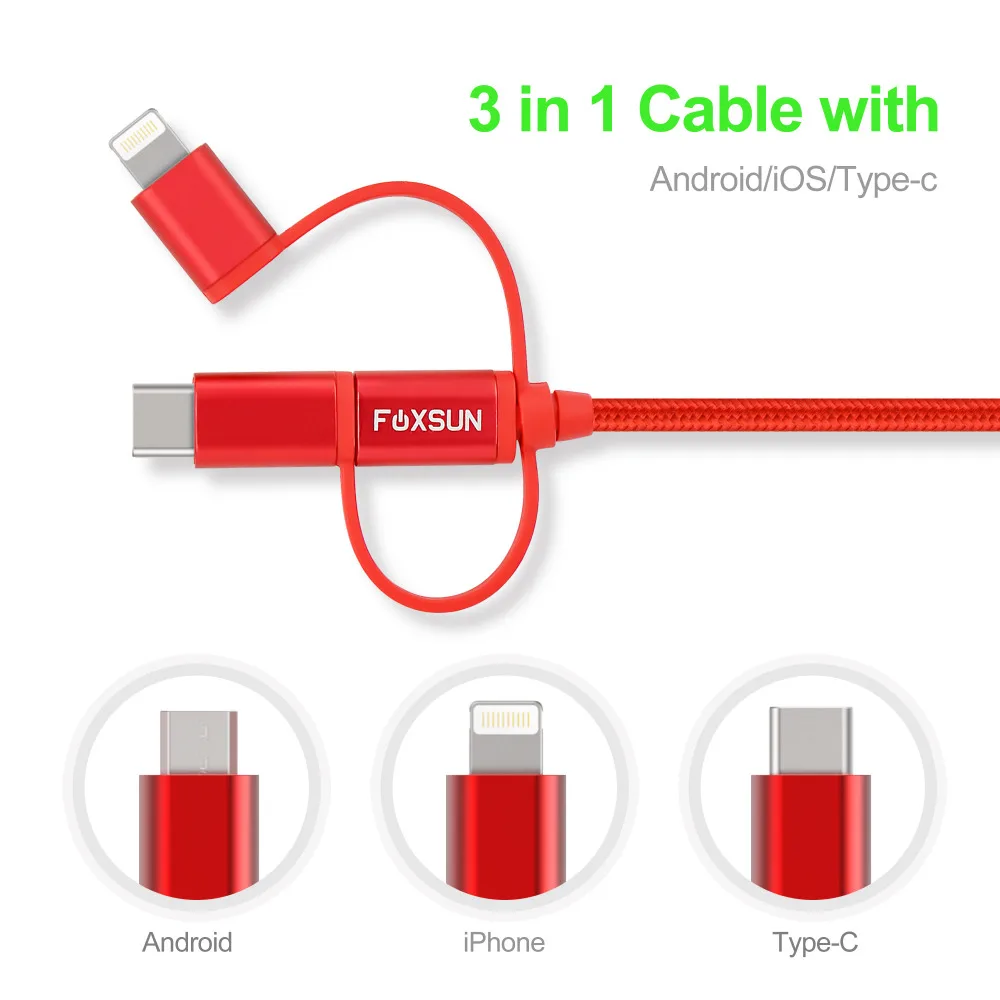 Foxsun 3 في 1 USB بيانات كابل شحن ل كابل البرق المصغّر usb كابل نوع-C كابل ل فون 8 7 6 سامسونج S8 هواوي Mate10