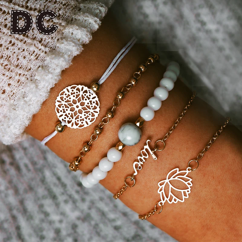

DC 5pcs/Set Love Letter Lotus Carved Flower Charm Bracelets Set Rope Ankle Bead Link Chain Bracelets For Women Jewelry Gifts