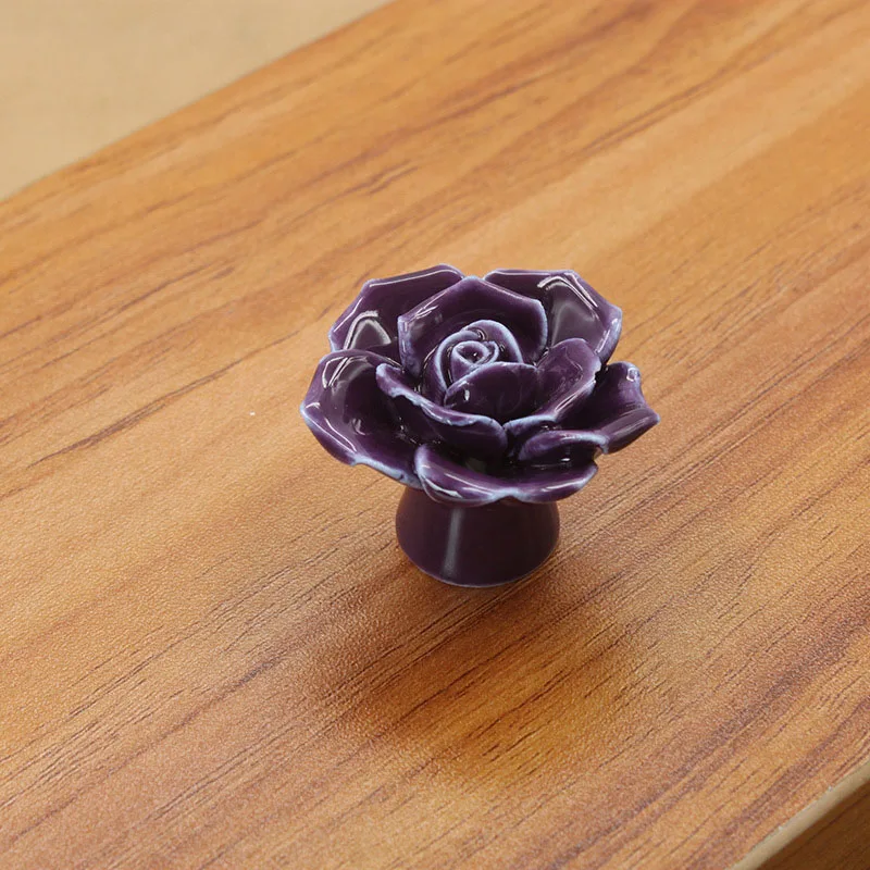 10 шт. НОВЫЕ антикварные розы керамические цветочные винтажные ручки дверь для ящика шкафа фарфоровая ручка для улучшения дома мебельные инструменты - Цвет: Purple