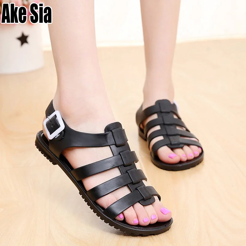 

Roman Fashion Beach Plastic Sandalias Women Female Ladie Casual Open Toe Buckle Strap Slippers Flat Gladiator Sandals Shoes A661