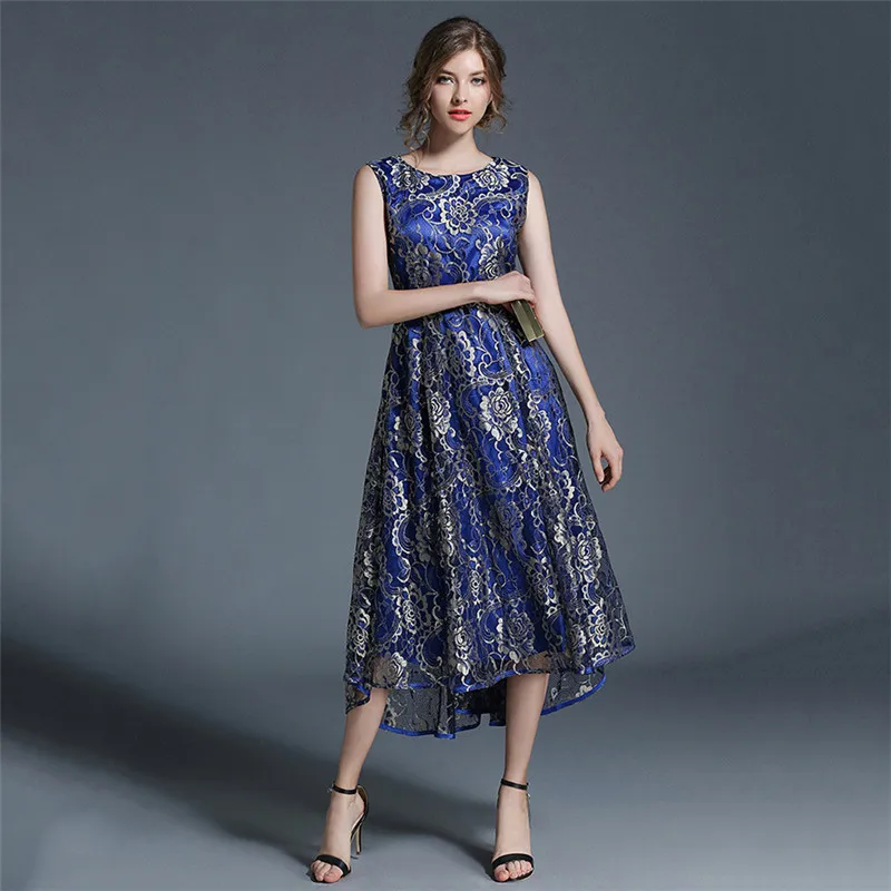 

Summer Dress Women 2019 New Blue Print M-2XL Plus Size Lace Sleeveless Slim Fashion Sexy Chic Maxi Dress Vestidos Feminina LR159