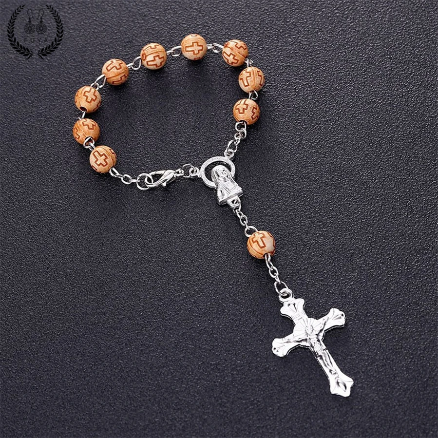 Fashion Wooden Bead Engraved Crosses Virgin Mary Jesus Christ Bracelet