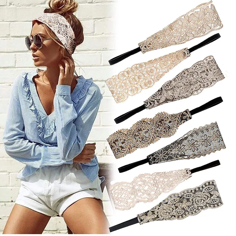 

1pc Solid Color Hair Elastic Stretchy Wide Head Band Girl Hair Accessories Fashion Lace Head Turban Bandanas For Women