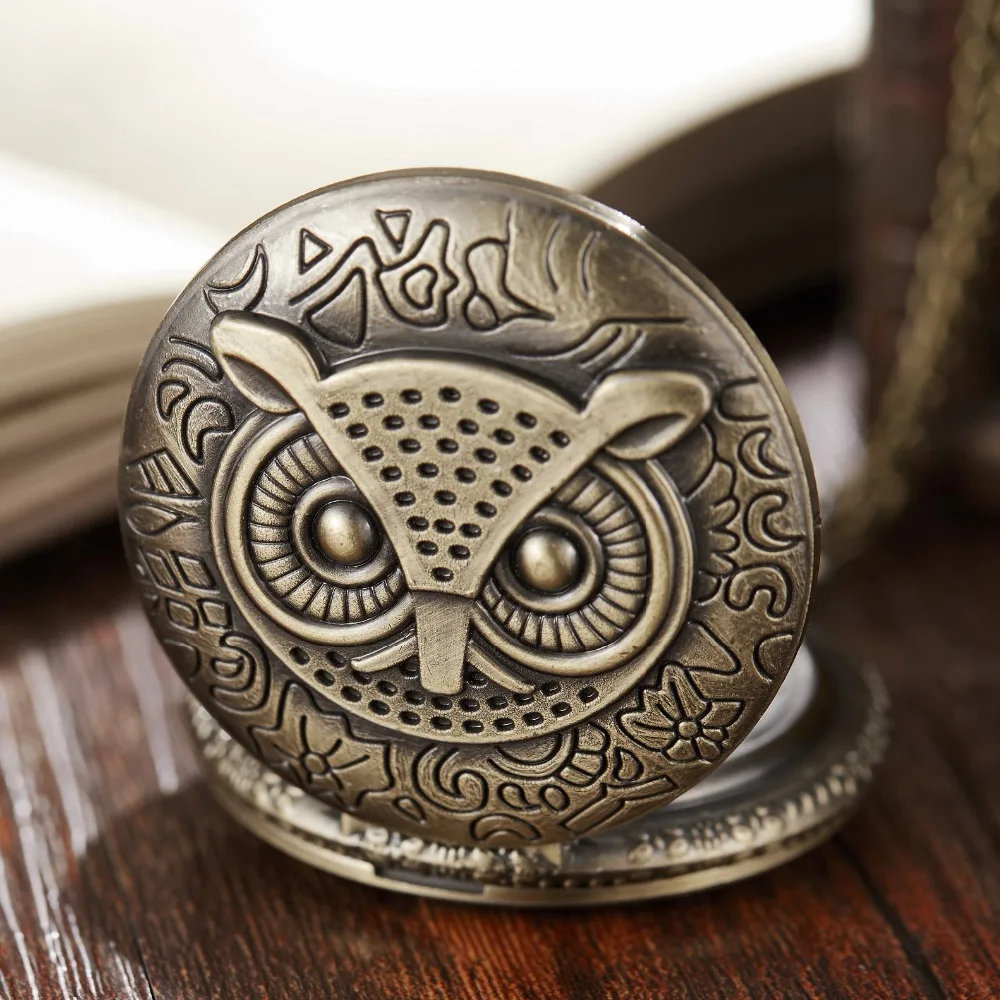 

Vintage Brown Quartz Pocket Watch Hollow Owl Men Women Watch With FOB Chain Roman Number Ladies Clock Best Gift To Kid