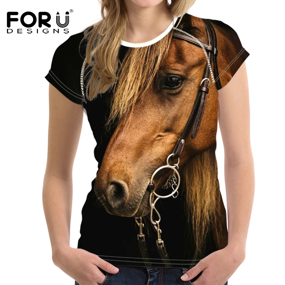 FORUDESIGNS/женские летние футболки модные 3D с принтом животных Crazy Horse круглым вырезом