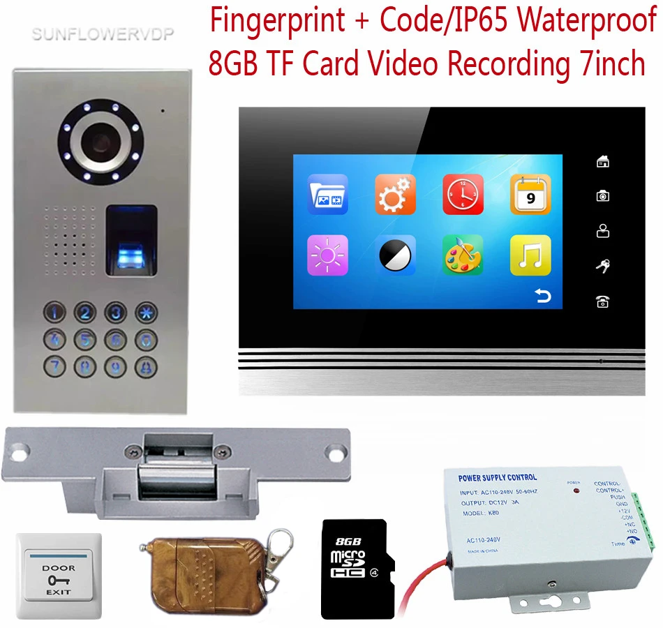 

Door Video Call 8GB IF Card Recording Home Intercom Doorbell IP65 Waterproof Fingerprint Keypad With Electronic lock System Unit