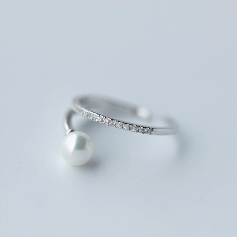 NEW Dainty Rhinestone Adjustable 925 sterling silver Round Pearl Ring