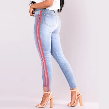 

Red Side Stripe Jeans High Rise Curvy Jeans Woman 2018 Stretchy High Waist Jeans Skinny Ripped Big Hip Tiny Pencil Denim Jogger