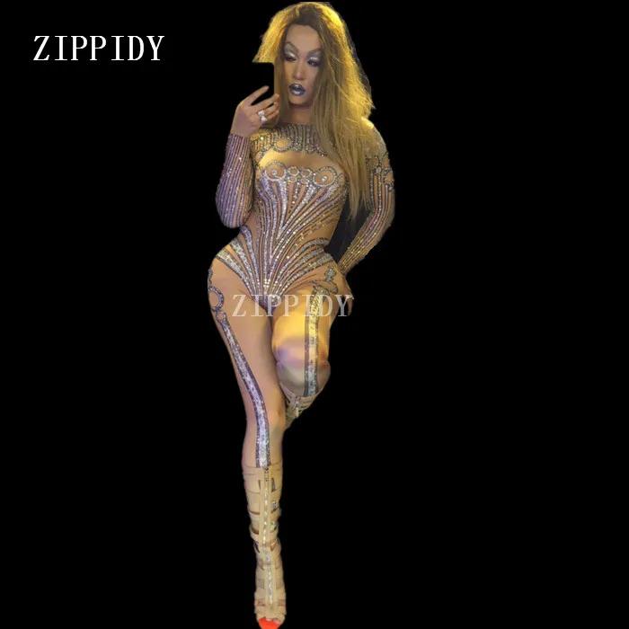 

Shining Rhinestone Nude Jumpsuit Stretch Costume Crystals Stone Sparkling Diamond Bodysuit Singer Dance Performance Party Wear