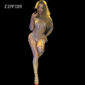 

Shining Rhinestone Nude Jumpsuit Stretch Costume Crystals Stone Sparkling Diamond Bodysuit Singer Dance Performance Party Wear