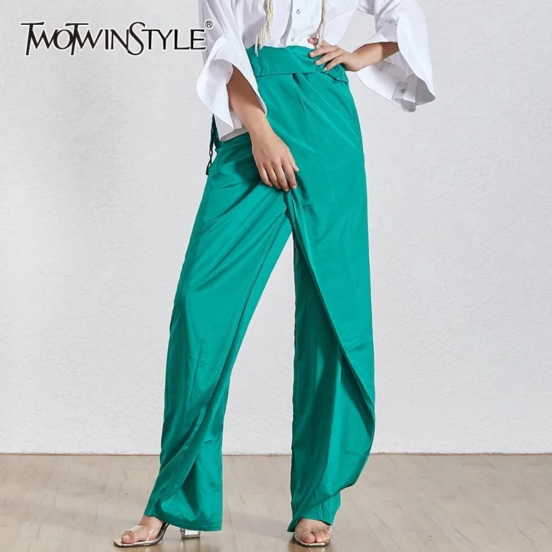 

TWOTWINSTYLE Summer Solid Chiffon Trousers For Women High Waist Ruffles Drawstring Bandage Wide Leg Pants Female Fashion 2019