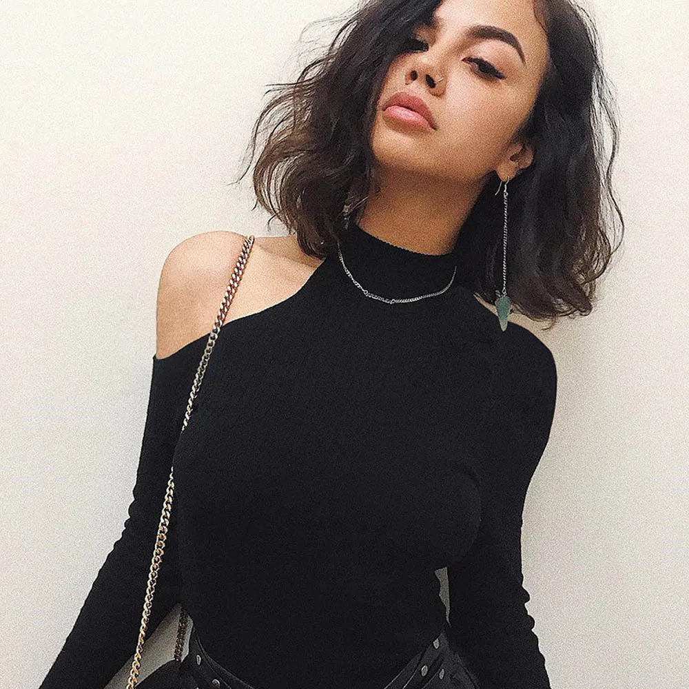 

Mode Femmes Vtements Sexy Mince Bretelles Manches Longues Casual Blouse Tops Coton Encolure Noir Solide Femelle a80