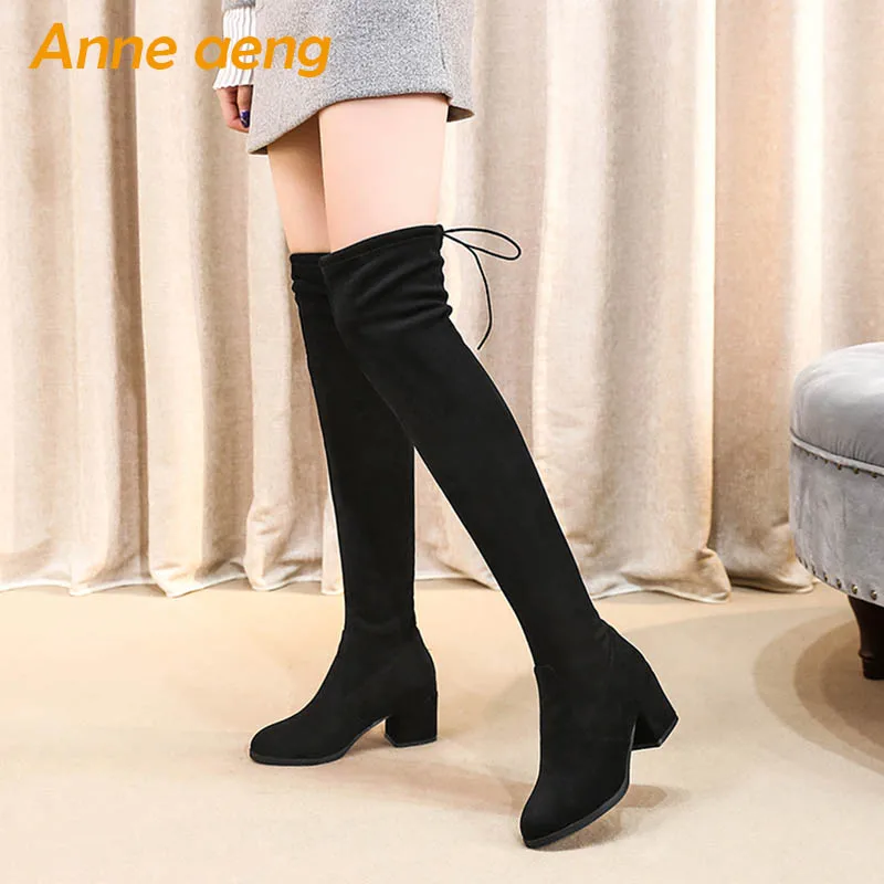 Зимние женские Сапоги выше колена модная пикантная женская обувь на высоком каблуке с квадратным носком черные зимние сапоги до бедра большие размеры 33-45