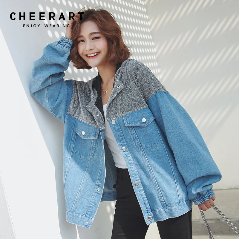 

Cheerart Oversized Denim Jacket With Hood Patchwork Glitter Jacket Women Spring Blue Korean Coat And Jacket Clothing
