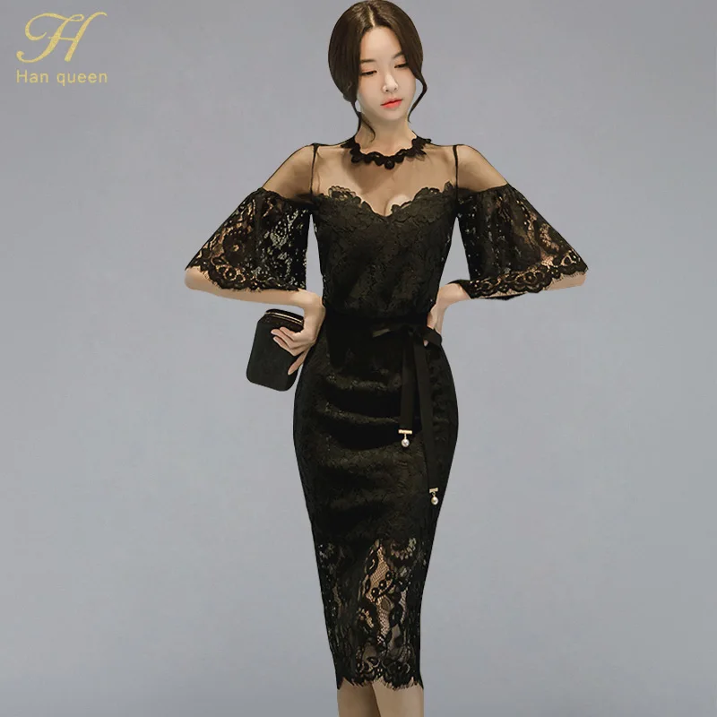 

H Han Queen Sexy Black Lace Flare Sleeve Pencil Dress Women Hollow Out Mesh See Through Sheath Bodycon Dresses Party OL Vestidos