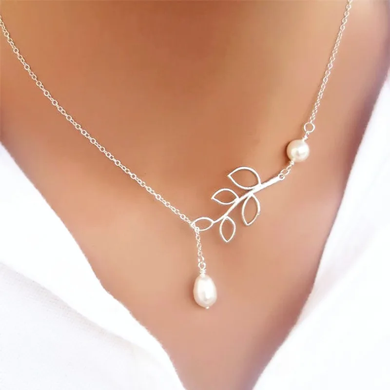 

Fashion Pendant Necklace Leaf Pearls Cross Necklace For Women Jewelry 4ND97