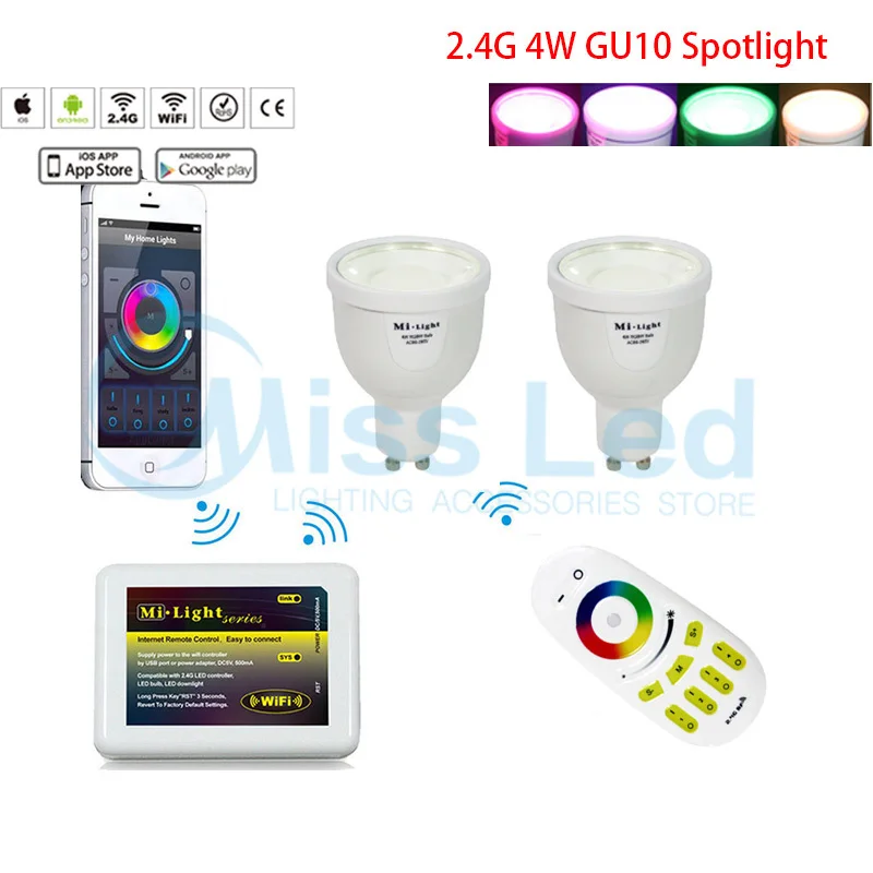 

1X 2.4G RF Remote+1x Mi light wifi controller + 2x  Mi light 4w GU10 led spotlight bulb RGBW(RGB+White/Warm white)Dimmable