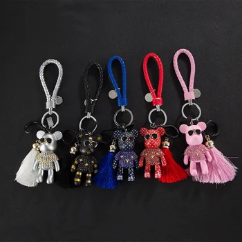 

Korea Rhinestone Bear Tassel Keychain Drill Creative Keychain Car Key Pendant Cartoon Key Chain Keyring