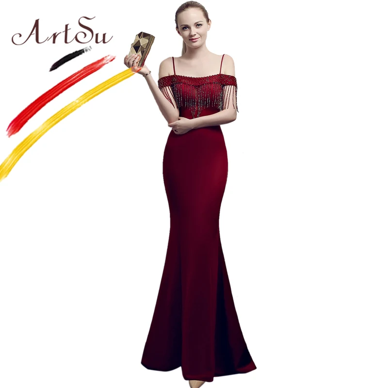 ArtSu Vrouwen Sexy Off Shoulder Bodycon Floor-Lengte Maxi Party Mermaid Jurk Fashion Crystal Kralen Winter Black Robe de soiree