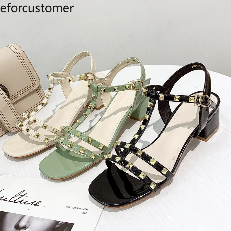 

Womens Heeled Sandals Block Chunky Buckle Ankle Strap Peep Toe T-strap Rivets Slingbacks Classic Dress Banquet Chaussures Femme