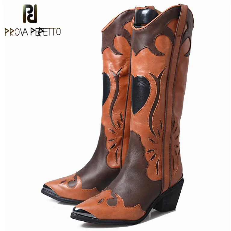 Prova Perfetto Flowers Mixed Color Knee High Boots Pointed Toe Chunky High Heel Cow Leather Knight Longe Boots For Women Prova Perfetto Flowers Mixed Color Knee High Boots Pointed Toe Chunky High Heel Cow Leather Knight Longe Boots For Women
